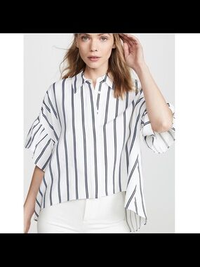 Alice + Olivia White Blouse with Navy Vertical Stripes